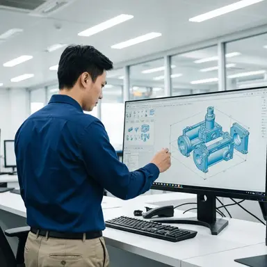 Mechanical Design - engineer reviewing CAD models on screen